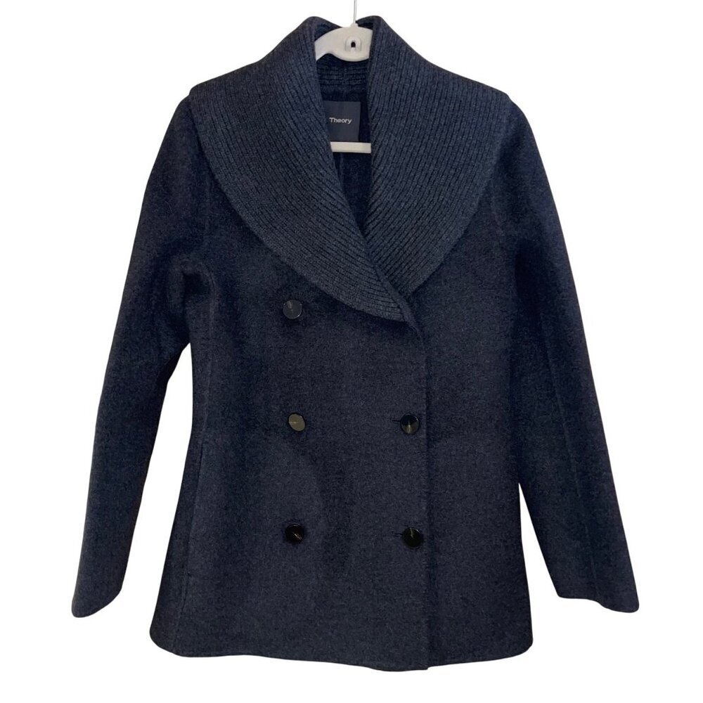 Theory Womens Pea Coat Size Small Gray Shawl Collared Pockets Casual Pure Wool